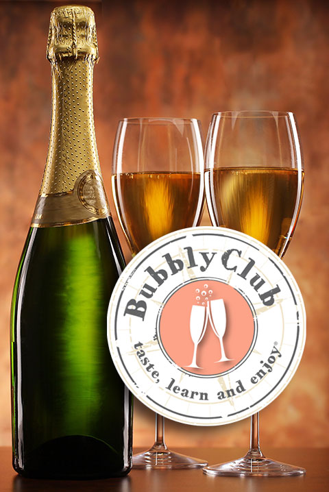 bubbly club logo with bottle and two glasses