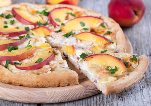 Grilled peach, chicken and ricotta pizza